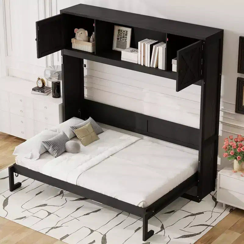 Full Size Murphy Bed Wall Bed with Storage Cabinets, Rustic Style Space-Saving Bed Frame - ModernLuxe