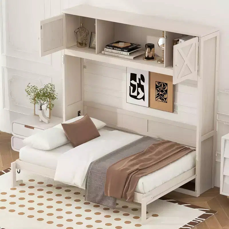 Full Size Murphy Bed Wall Bed with Storage Cabinets, Rustic Style Space-Saving Bed Frame - ModernLuxe