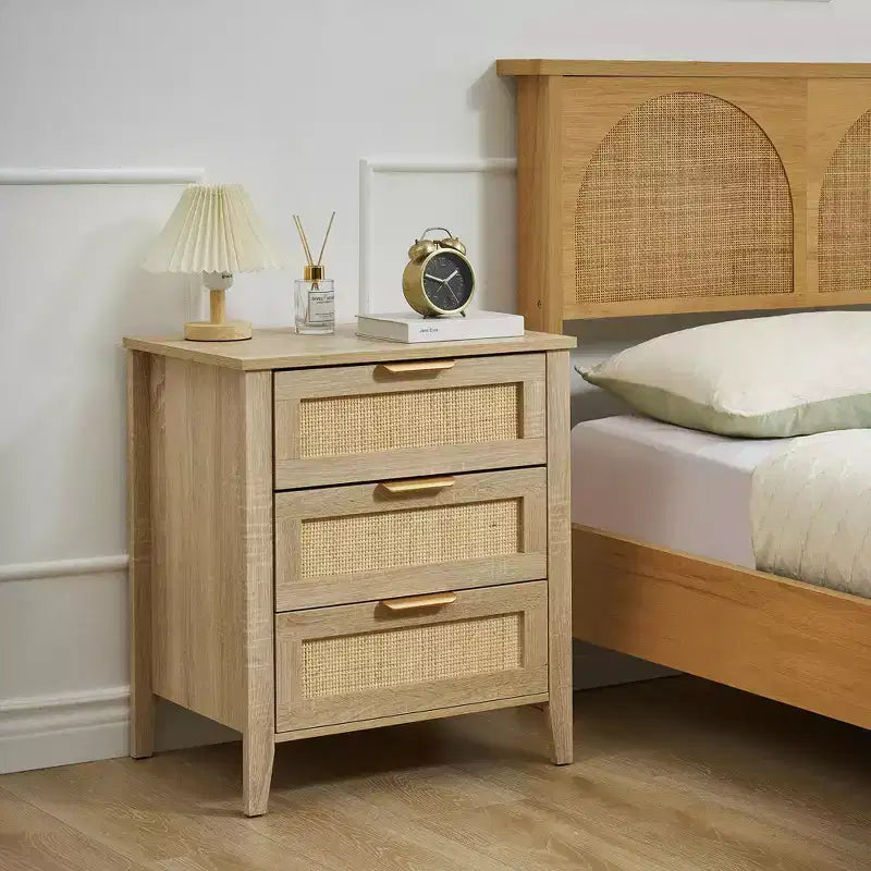 Rattan Nightstand, Boho Nightstand with 3 Natural Rattan Drawers, Bedside Table with Sturdy Wood Legs, Modern Side Table with Storage Drawers