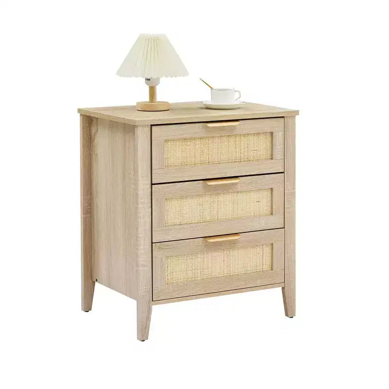 Rattan Nightstand, Boho Nightstand with 3 Natural Rattan Drawers, Bedside Table with Sturdy Wood Legs, Modern Side Table with Storage Drawers