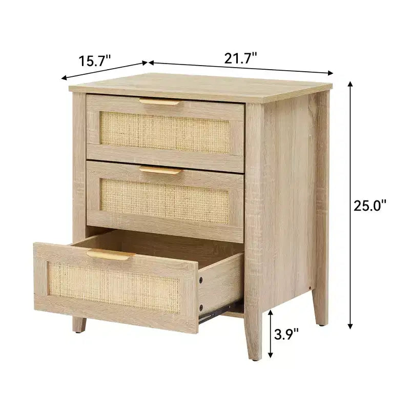 Rattan Nightstand, Boho Nightstand with 3 Natural Rattan Drawers, Bedside Table with Sturdy Wood Legs, Modern Side Table with Storage Drawers