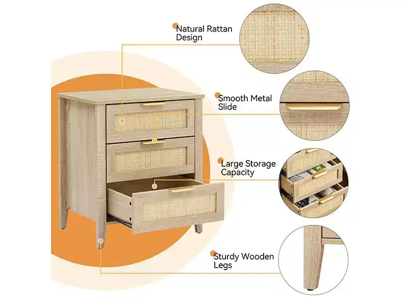 Rattan Nightstand, Boho Nightstand with 3 Natural Rattan Drawers, Bedside Table with Sturdy Wood Legs, Modern Side Table with Storage Drawers