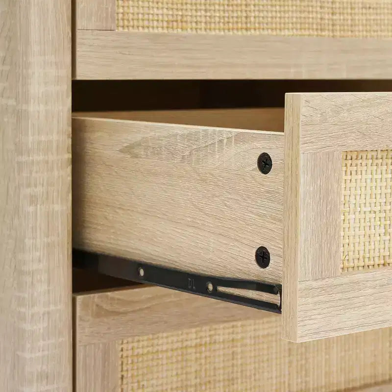 Rattan Nightstand, Boho Nightstand with 3 Natural Rattan Drawers, Bedside Table with Sturdy Wood Legs, Modern Side Table with Storage Drawers