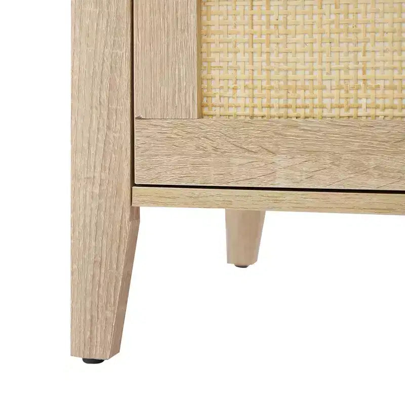 Rattan Nightstand, Boho Nightstand with 3 Natural Rattan Drawers, Bedside Table with Sturdy Wood Legs, Modern Side Table with Storage Drawers