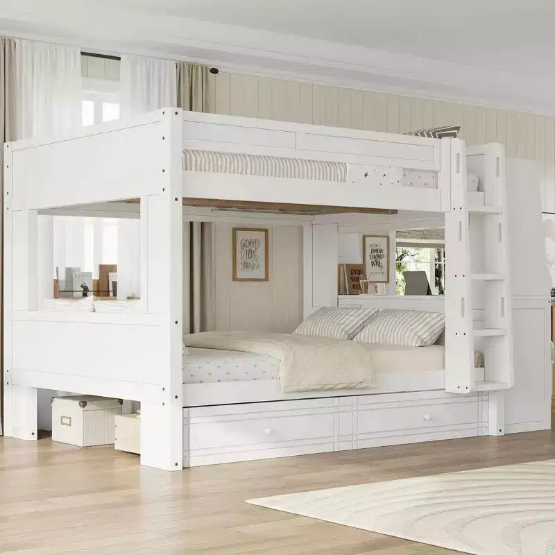 Polibi Full Size Bunk Bed with Built-In Bookshelves, Desk and Storage Space
