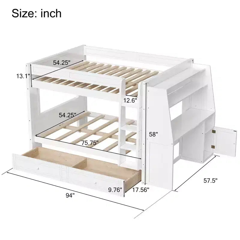 Polibi Full Size Bunk Bed with Built-In Bookshelves, Desk and Storage Space