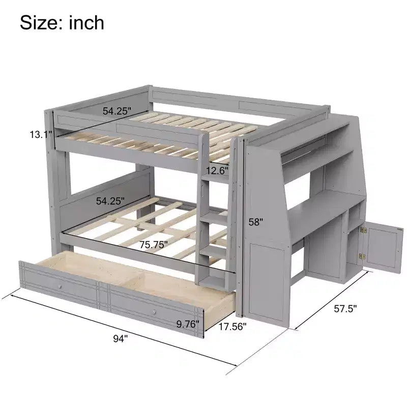 Polibi Full Size Bunk Bed with Built-In Bookshelves, Desk and Storage Space