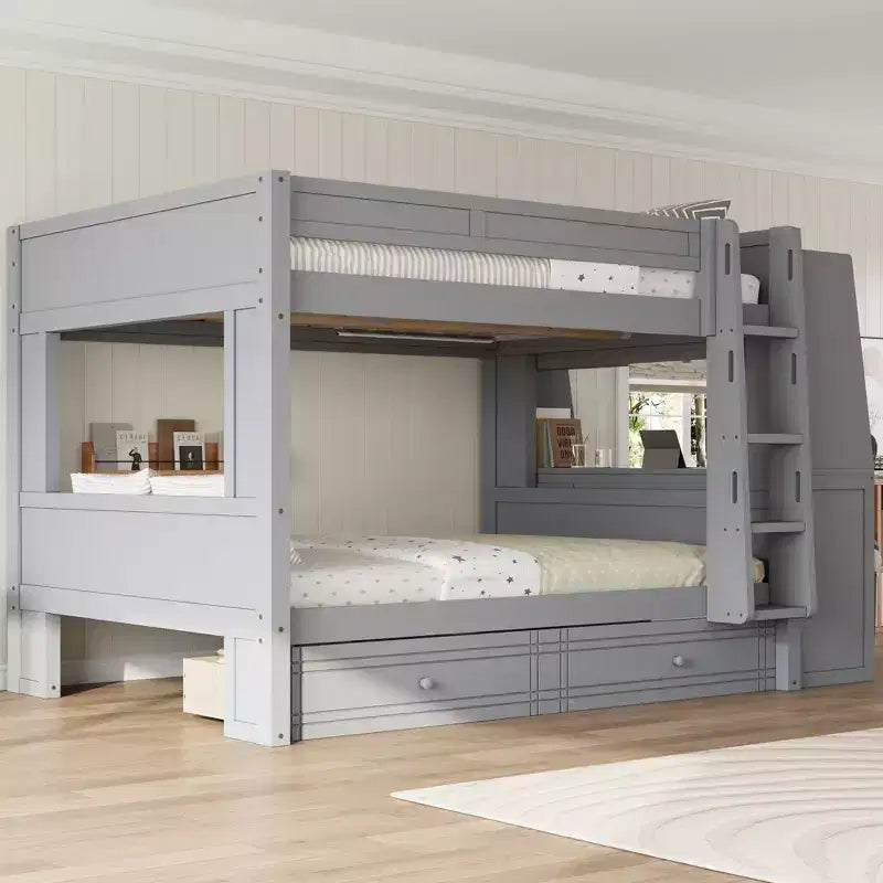 Polibi Full Size Bunk Bed with Built-In Bookshelves, Desk and Storage Space