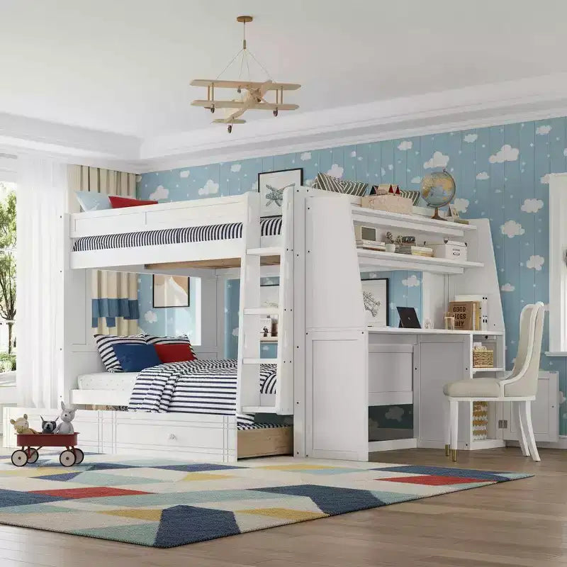 Polibi Full Size Bunk Bed with Built-In Bookshelves, Desk and Storage Space