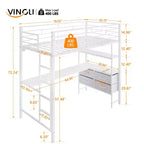 VINGLI Twin Loft Bed with 15 Inches Guardrail/ Desk/Flat Rungs/LED/2 Charging Stations/Storage Shelves/Dresser, Heavy Duty Metal Support Slat, White