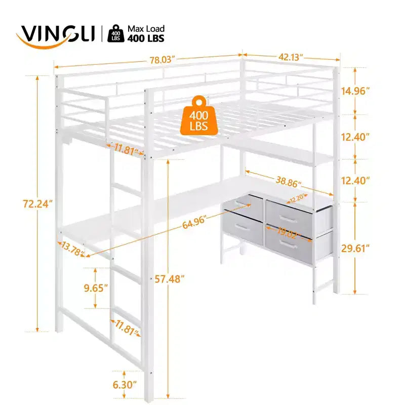 VINGLI Twin Loft Bed with 15 Inches Guardrail/ Desk/Flat Rungs/LED/2 Charging Stations/Storage Shelves/Dresser, Heavy Duty Metal Support Slat, White