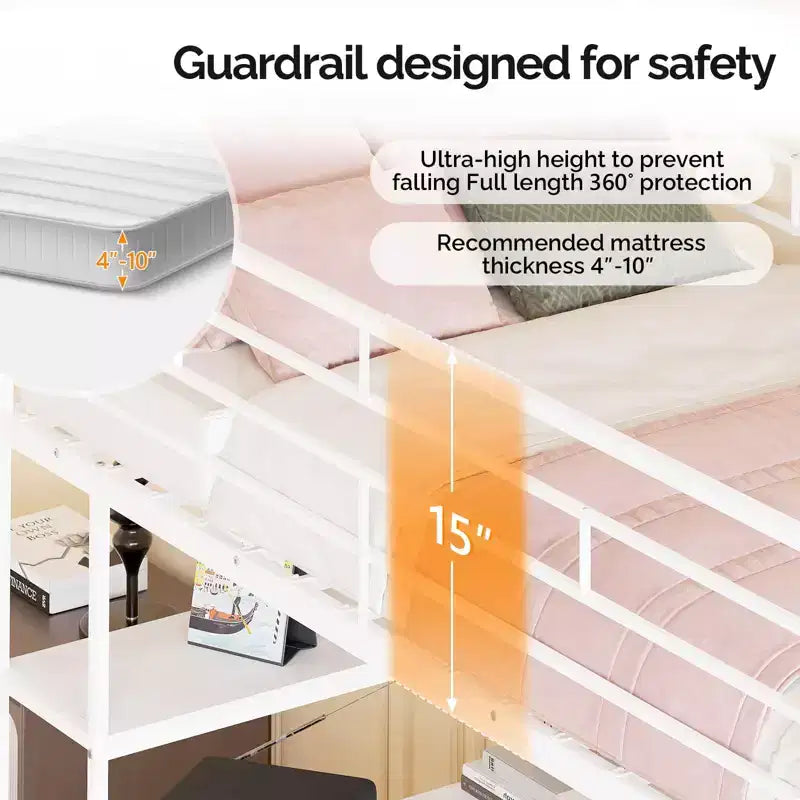 VINGLI Twin Loft Bed with 15 Inches Guardrail/ Desk/Flat Rungs/LED/2 Charging Stations/Storage Shelves/Dresser, Heavy Duty Metal Support Slat, White