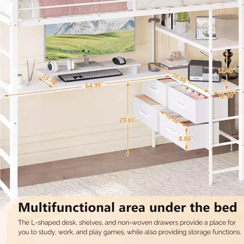 VINGLI Twin Loft Bed with 15 Inches Guardrail/ Desk/Flat Rungs/LED/2 Charging Stations/Storage Shelves/Dresser, Heavy Duty Metal Support Slat, White