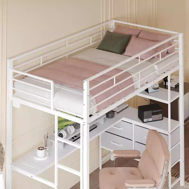 VINGLI Twin Loft Bed with 15 Inches Guardrail/ Desk/Flat Rungs/LED/2 Charging Stations/Storage Shelves/Dresser, Heavy Duty Metal Support Slat, White