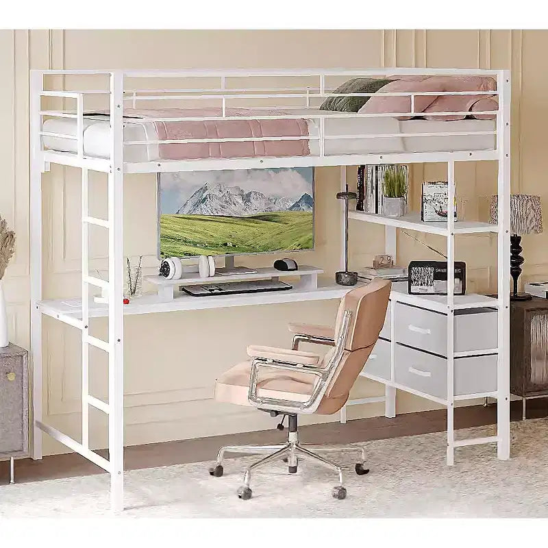 VINGLI Twin Loft Bed with 15 Inches Guardrail/ Desk/Flat Rungs/LED/2 Charging Stations/Storage Shelves/Dresser, Heavy Duty Metal Support Slat, White