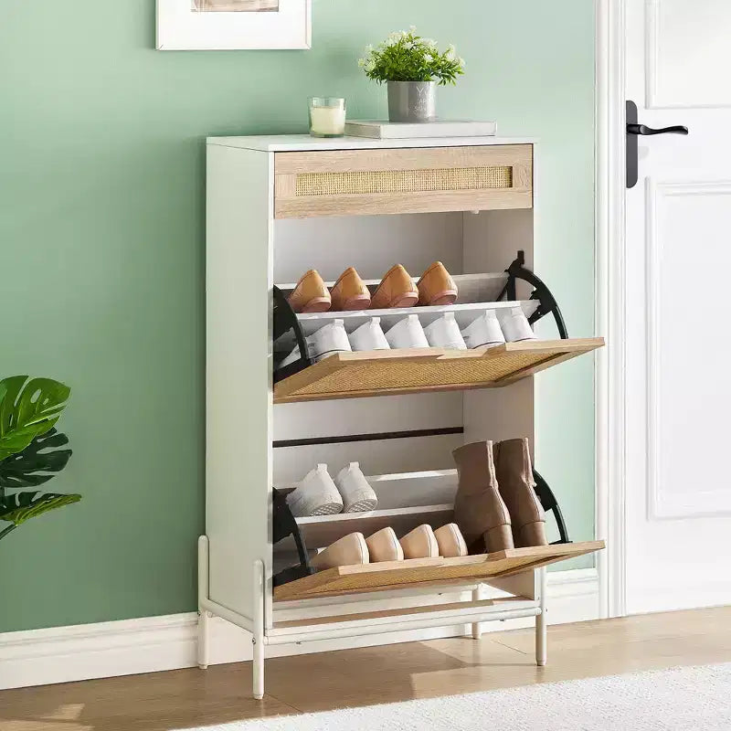 Shoe Cabinet Storage with 2 Flip Drawers and 1 Drawer,Freestanding Rattan Shoe Organizer with 3-Tier Adjustable Shelves for Slippers,Sneakers,Heels