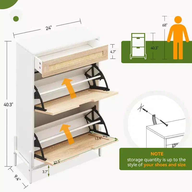Shoe Cabinet Storage with 2 Flip Drawers and 1 Drawer,Freestanding Rattan Shoe Organizer with 3-Tier Adjustable Shelves for Slippers,Sneakers,Heels