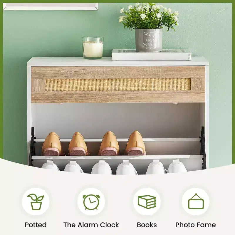 Shoe Cabinet Storage with 2 Flip Drawers and 1 Drawer,Freestanding Rattan Shoe Organizer with 3-Tier Adjustable Shelves for Slippers,Sneakers,Heels
