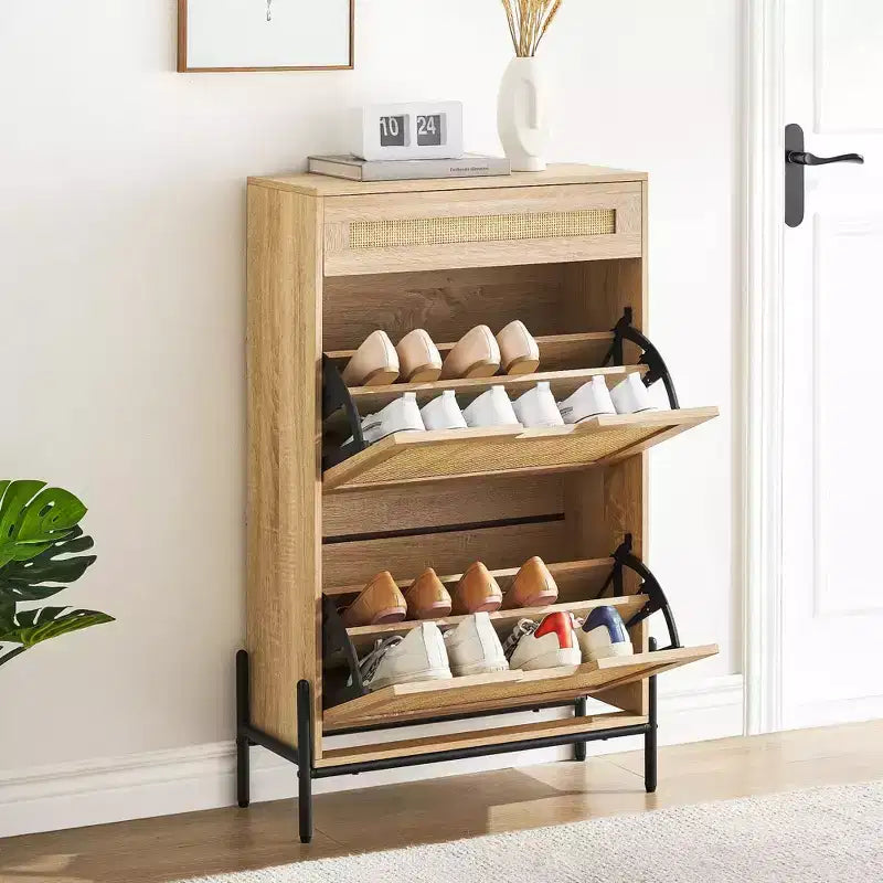 Shoe Cabinet Storage with 2 Flip Drawers and 1 Drawer,Freestanding Rattan Shoe Organizer with 3-Tier Adjustable Shelves for Slippers,Sneakers,Heels