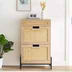 Shoe Cabinet Storage with 2 Flip Drawers and 1 Drawer,Freestanding Rattan Shoe Organizer with 3-Tier Adjustable Shelves for Slippers,Sneakers,Heels