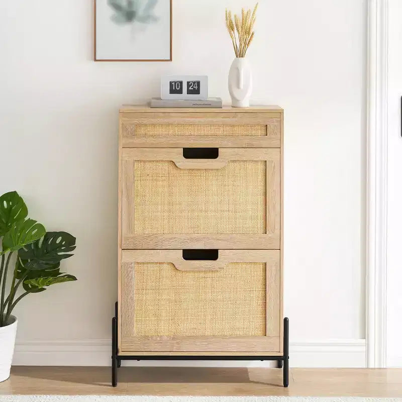 Shoe Cabinet Storage with 2 Flip Drawers and 1 Drawer,Freestanding Rattan Shoe Organizer with 3-Tier Adjustable Shelves for Slippers,Sneakers,Heels
