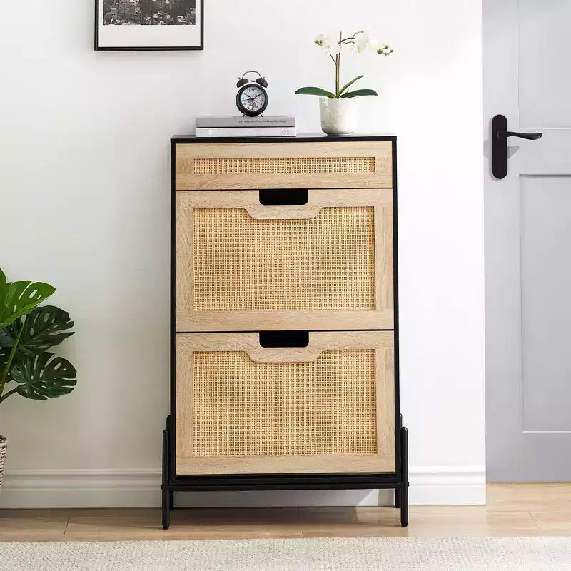 Shoe Cabinet Storage with 2 Flip Drawers and 1 Drawer,Freestanding Rattan Shoe Organizer with 3-Tier Adjustable Shelves for Slippers,Sneakers,Heels