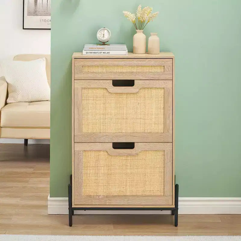 Shoe Cabinet Storage with 2 Flip Drawers and 1 Drawer,Freestanding Rattan Shoe Organizer with 3-Tier Adjustable Shelves for Slippers,Sneakers,Heels