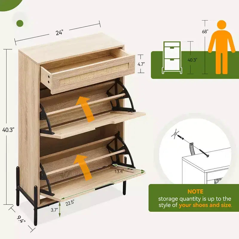 Shoe Cabinet Storage with 2 Flip Drawers and 1 Drawer,Freestanding Rattan Shoe Organizer with 3-Tier Adjustable Shelves for Slippers,Sneakers,Heels