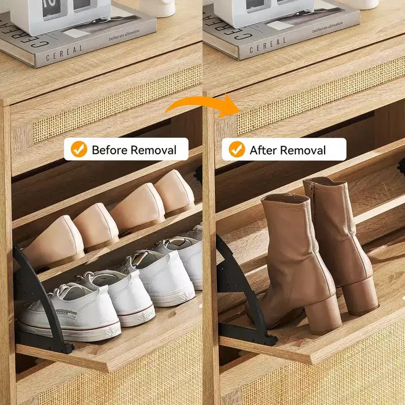 Shoe Cabinet Storage with 2 Flip Drawers and 1 Drawer,Freestanding Rattan Shoe Organizer with 3-Tier Adjustable Shelves for Slippers,Sneakers,Heels