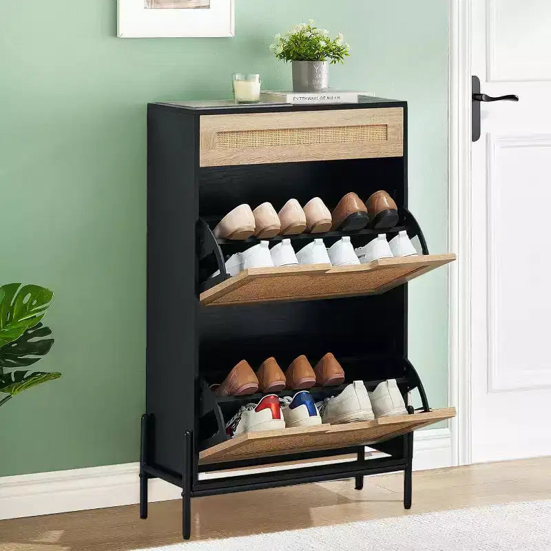 Shoe Cabinet Storage with 2 Flip Drawers and 1 Drawer,Freestanding Rattan Shoe Organizer with 3-Tier Adjustable Shelves for Slippers,Sneakers,Heels