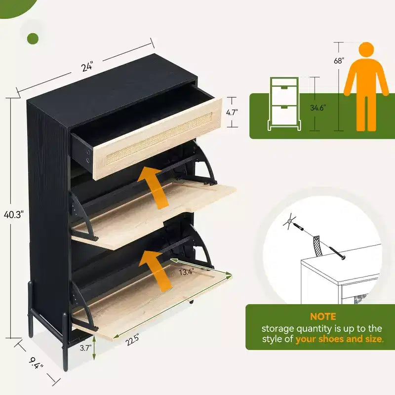 Shoe Cabinet Storage with 2 Flip Drawers and 1 Drawer,Freestanding Rattan Shoe Organizer with 3-Tier Adjustable Shelves for Slippers,Sneakers,Heels