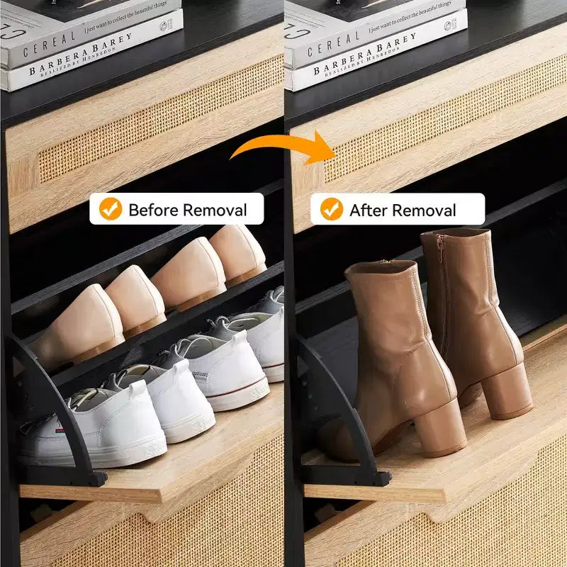 Shoe Cabinet Storage with 2 Flip Drawers and 1 Drawer,Freestanding Rattan Shoe Organizer with 3-Tier Adjustable Shelves for Slippers,Sneakers,Heels