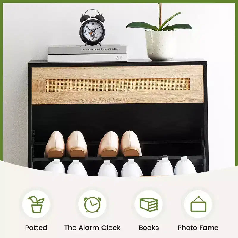 Shoe Cabinet Storage with 2 Flip Drawers and 1 Drawer,Freestanding Rattan Shoe Organizer with 3-Tier Adjustable Shelves for Slippers,Sneakers,Heels