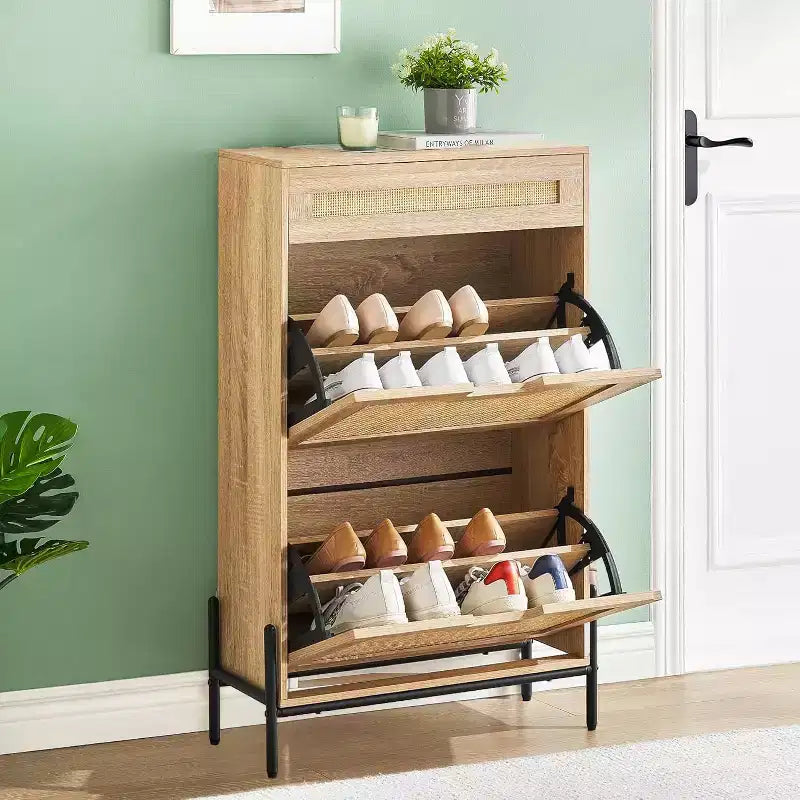 Shoe Cabinet Storage with 2 Flip Drawers and 1 Drawer,Freestanding Rattan Shoe Organizer with 3-Tier Adjustable Shelves for Slippers,Sneakers,Heels