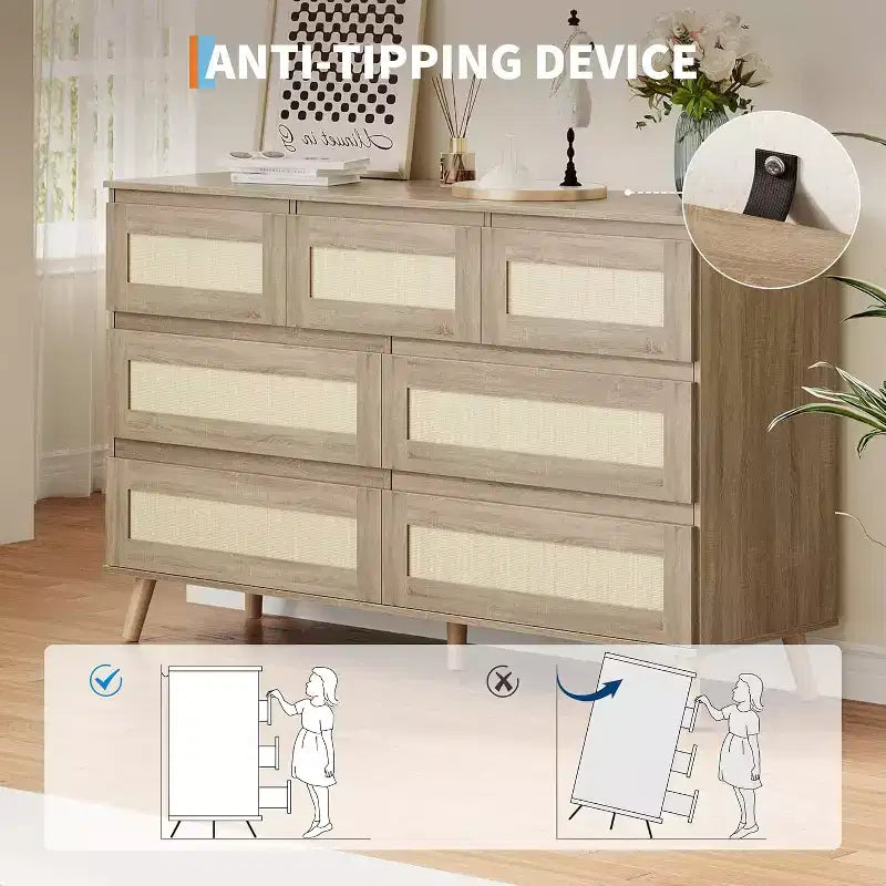 Rattan 7 Drawer Dresser for Bedroom, Wooden Dressers & Chests of Drawers, Modern Farmhouse Storage Organizer for Closet, Living Room