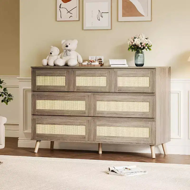 Rattan 7 Drawer Dresser for Bedroom, Wooden Dressers & Chests of Drawers, Modern Farmhouse Storage Organizer for Closet, Living Room
