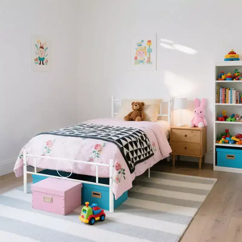 FurnitureR Twin Size Metal Bed Frame with Headboard and Footboard Under Foundation Storage, No Box Spring Needed, Easy Assembly, White