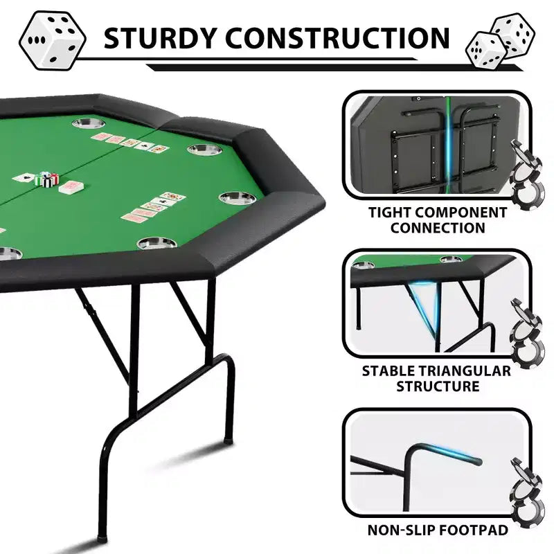 Octagon Poker Table with 8 Cup Holders, Casino Leisure Table for 8 Players, Blackjack Gaming Table with Water-Resistant Cushioned Rail