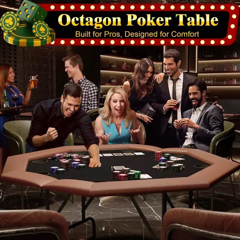 Octagon Poker Table with 8 Cup Holders, Casino Leisure Table for 8 Players, Blackjack Gaming Table with Water-Resistant Cushioned Rail