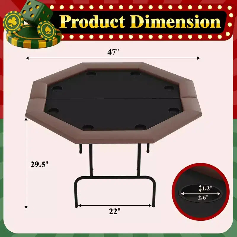Octagon Poker Table with 8 Cup Holders, Casino Leisure Table for 8 Players, Blackjack Gaming Table with Water-Resistant Cushioned Rail