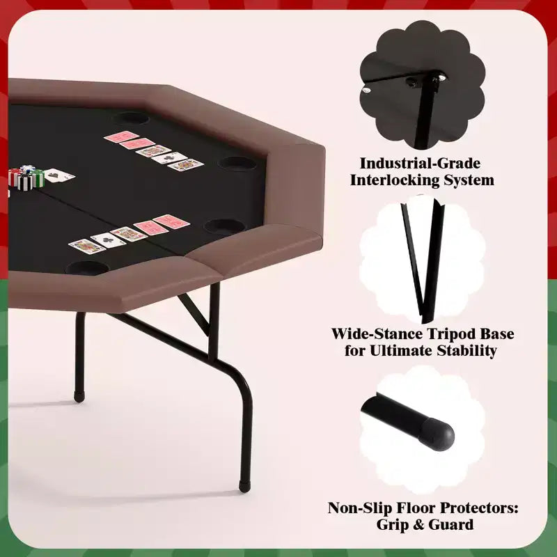 Octagon Poker Table with 8 Cup Holders, Casino Leisure Table for 8 Players, Blackjack Gaming Table with Water-Resistant Cushioned Rail