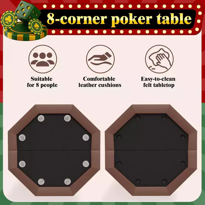 Octagon Poker Table with 8 Cup Holders, Casino Leisure Table for 8 Players, Blackjack Gaming Table with Water-Resistant Cushioned Rail