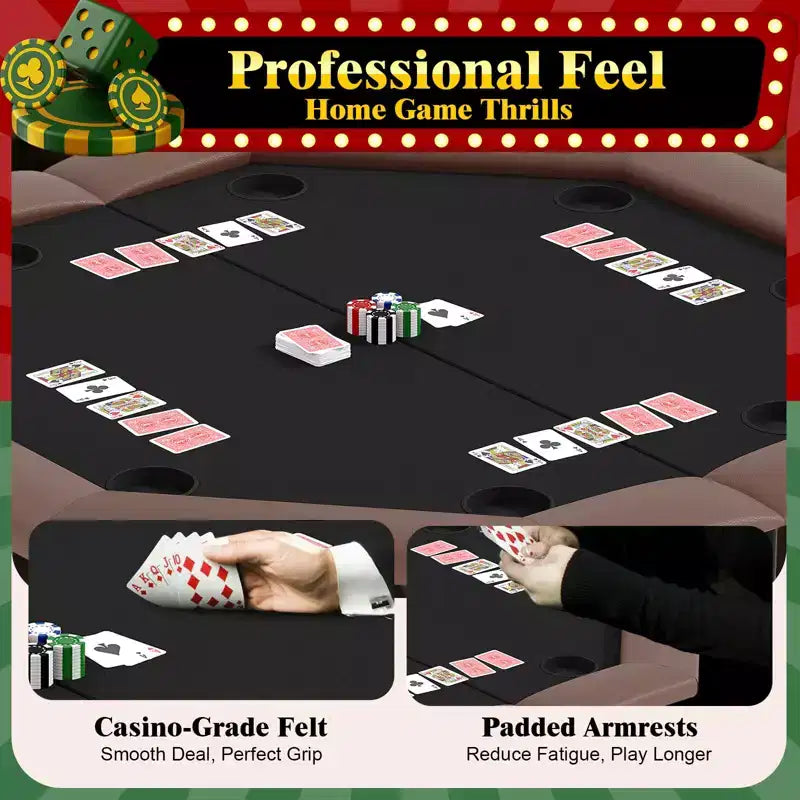 Octagon Poker Table with 8 Cup Holders, Casino Leisure Table for 8 Players, Blackjack Gaming Table with Water-Resistant Cushioned Rail
