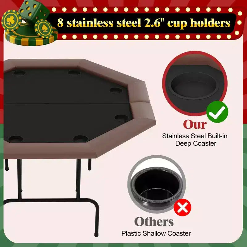 Octagon Poker Table with 8 Cup Holders, Casino Leisure Table for 8 Players, Blackjack Gaming Table with Water-Resistant Cushioned Rail
