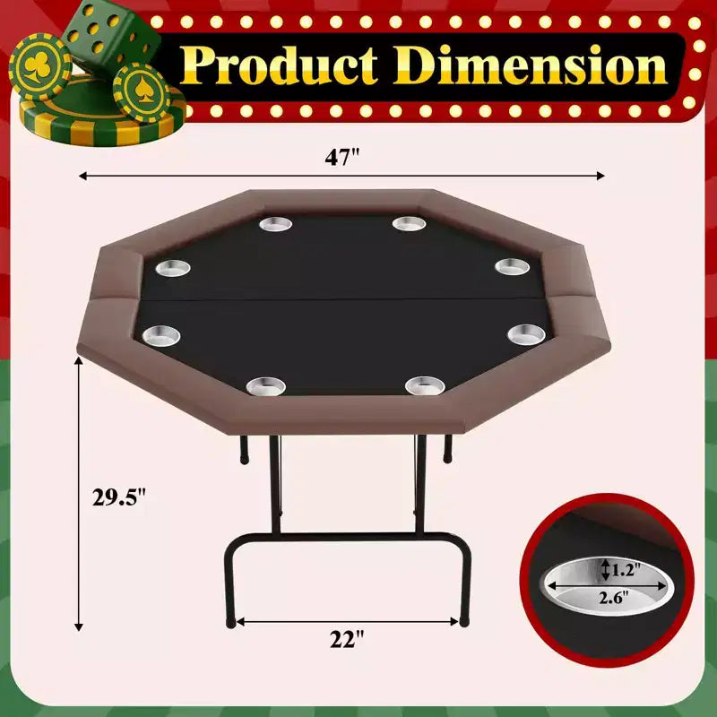 Octagon Poker Table with 8 Cup Holders, Casino Leisure Table for 8 Players, Blackjack Gaming Table with Water-Resistant Cushioned Rail