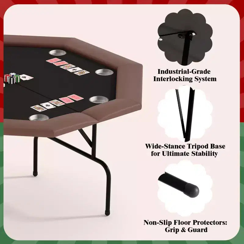 Octagon Poker Table with 8 Cup Holders, Casino Leisure Table for 8 Players, Blackjack Gaming Table with Water-Resistant Cushioned Rail
