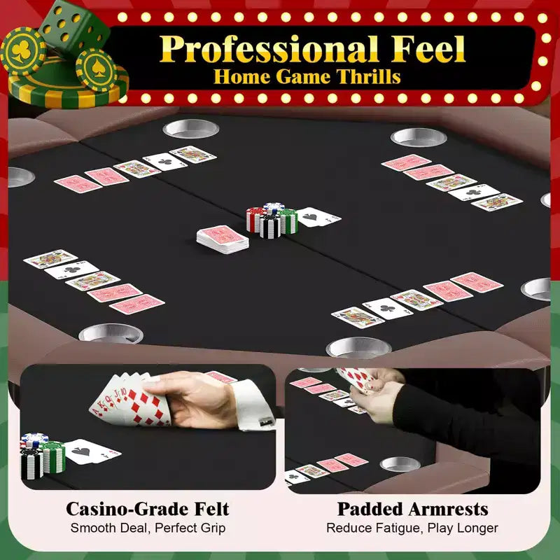 Octagon Poker Table with 8 Cup Holders, Casino Leisure Table for 8 Players, Blackjack Gaming Table with Water-Resistant Cushioned Rail