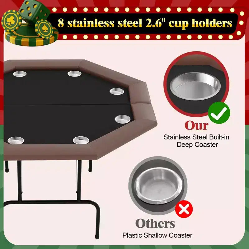 Octagon Poker Table with 8 Cup Holders, Casino Leisure Table for 8 Players, Blackjack Gaming Table with Water-Resistant Cushioned Rail