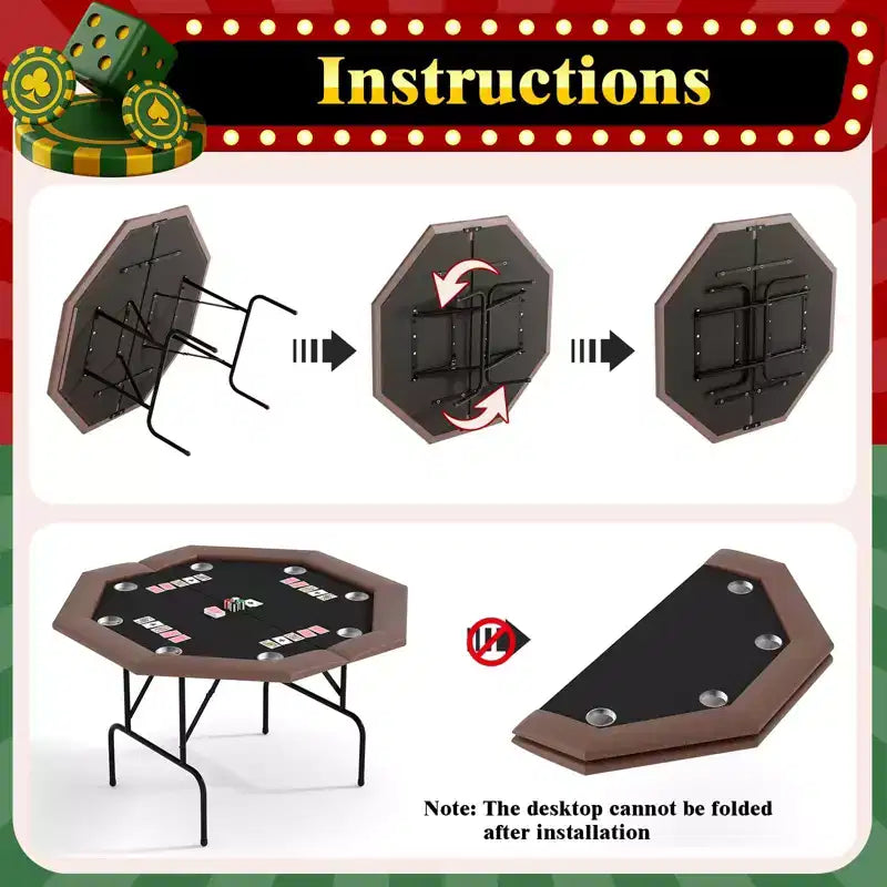Octagon Poker Table with 8 Cup Holders, Casino Leisure Table for 8 Players, Blackjack Gaming Table with Water-Resistant Cushioned Rail