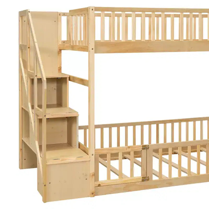 ModernLuxe Twin over Twin Floor Bunk Bed, Wooden Bed Frame with Storage Ladder